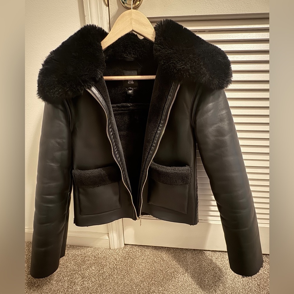 River Island boxy shearling jacket in black